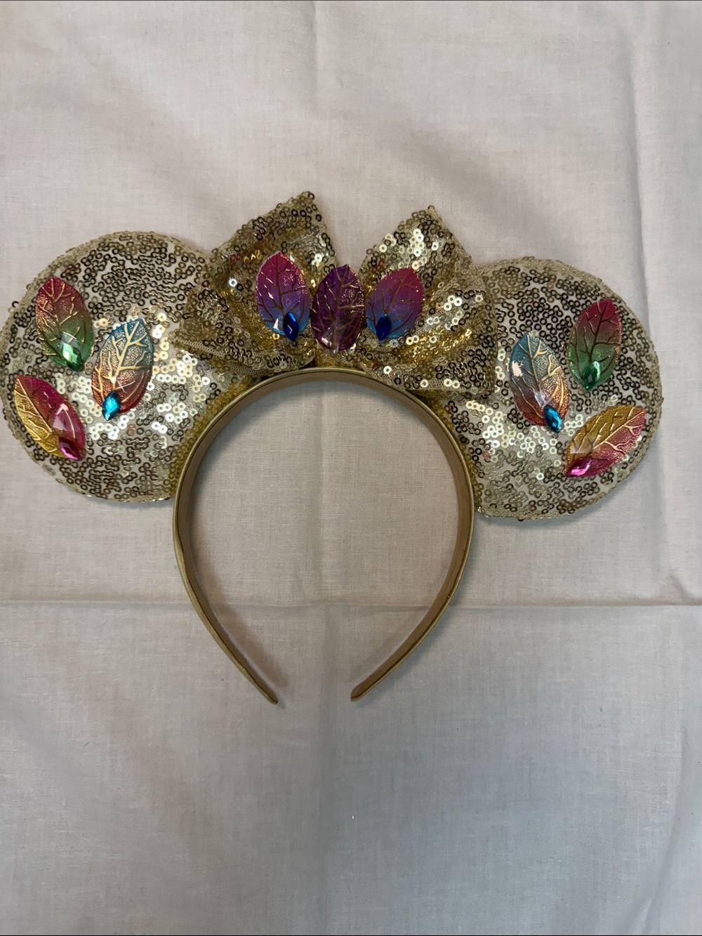 Pocahontas Inspired Gold Sequin Ears Headband with Multicolor Leaf Accents